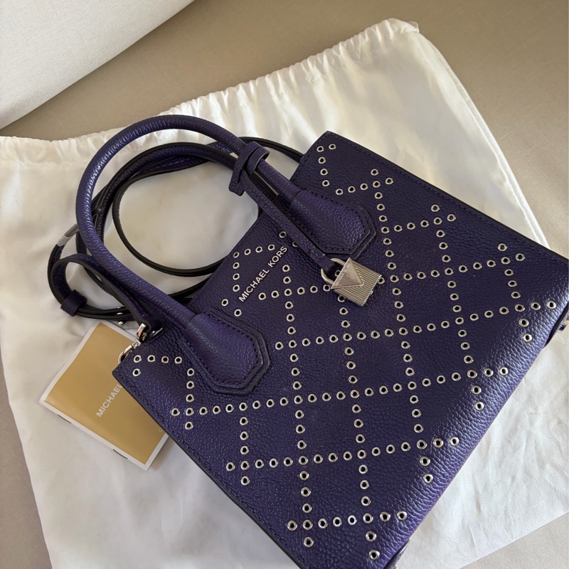 Michael Kors (MK) MK Mercer 圓形鉚釘菱格紋兩用小方包 (深紫色/銀鉚釘)附背帶-2