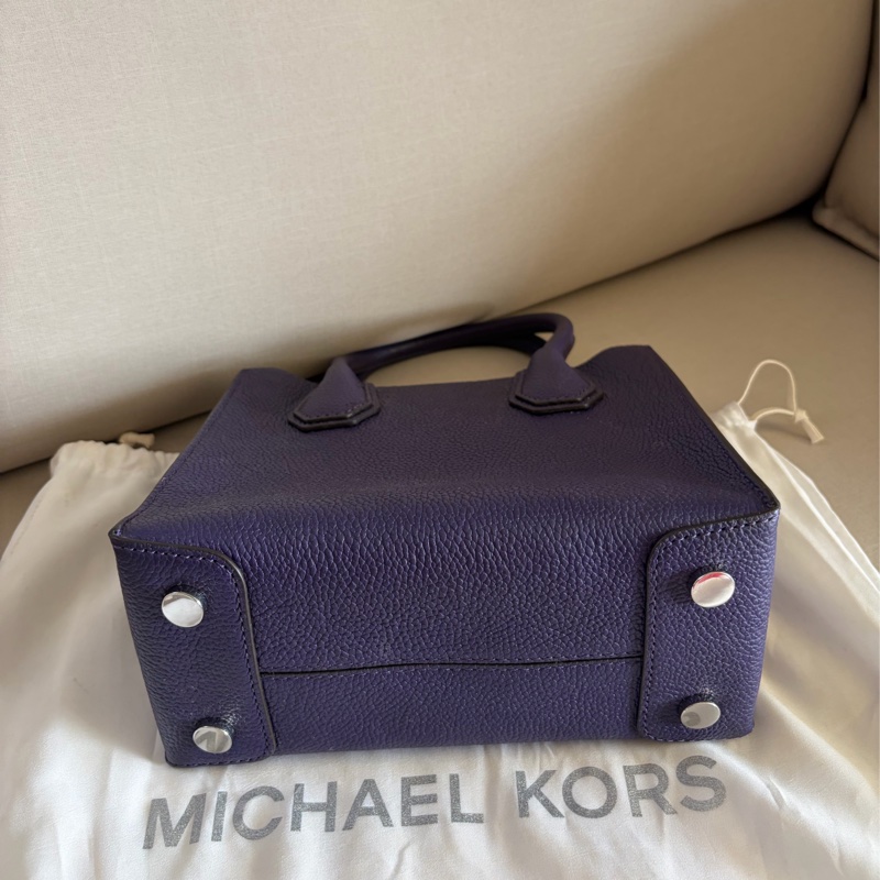 Michael Kors (MK) MK Mercer 圓形鉚釘菱格紋兩用小方包 (深紫色/銀鉚釘)附背帶-9