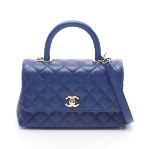 香奈兒 Coco Handle Flap Matelasse 單肩手提包 A92990 皮革 藍色 金色五金 二手