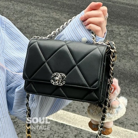 最美woc😍超低價99新🆕Chanel香奈兒黑銀全皮19bag woc單肩斜挎手提包