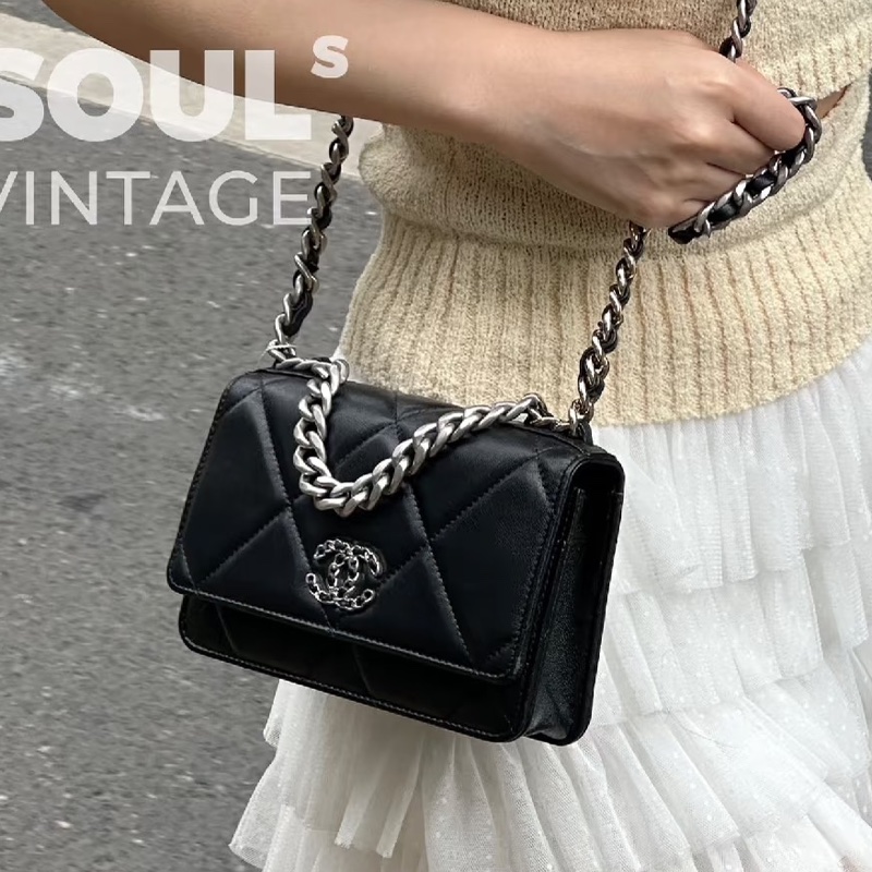 最美woc😍超低價99新🆕Chanel香奈兒黑銀全皮19bag woc單肩斜挎手提包-4