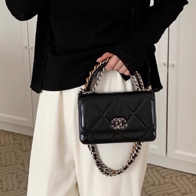 最美woc😍超低價99新🆕Chanel香奈兒黑銀全皮19bag woc單肩斜挎手提包-9