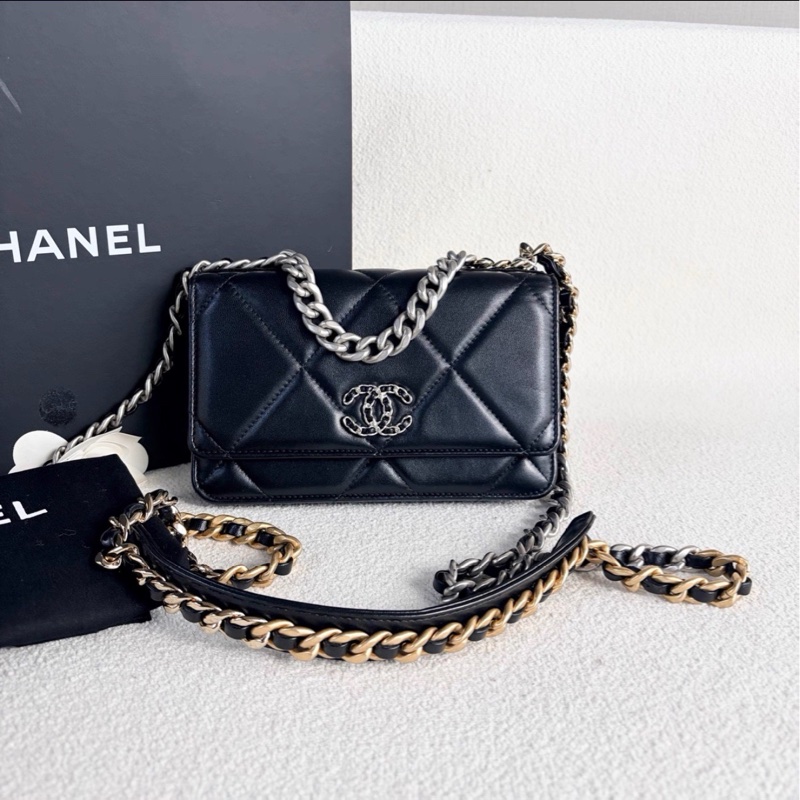 最美woc😍超低價99新🆕Chanel香奈兒黑銀全皮19bag woc單肩斜挎手提包-10
