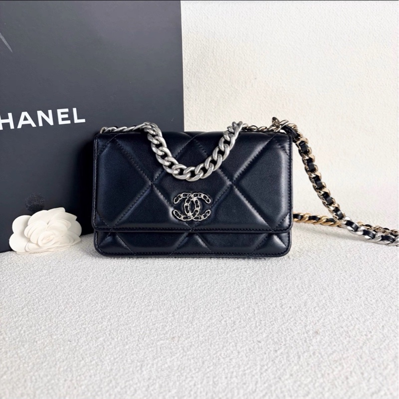 最美woc😍超低價99新🆕Chanel香奈兒黑銀全皮19bag woc單肩斜挎手提包-11