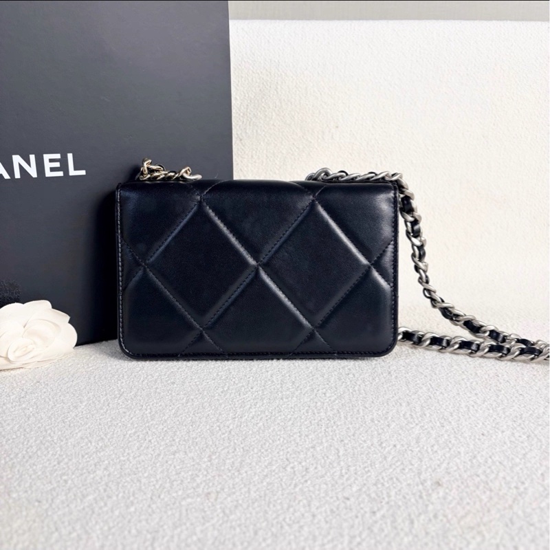 最美woc😍超低價99新🆕Chanel香奈兒黑銀全皮19bag woc單肩斜挎手提包-12