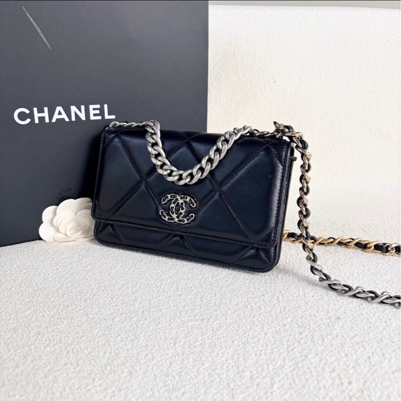 最美woc😍超低價99新🆕Chanel香奈兒黑銀全皮19bag woc單肩斜挎手提包-13