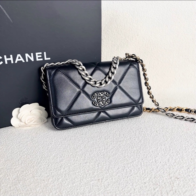 最美woc😍超低價99新🆕Chanel香奈兒黑銀全皮19bag woc單肩斜挎手提包-15