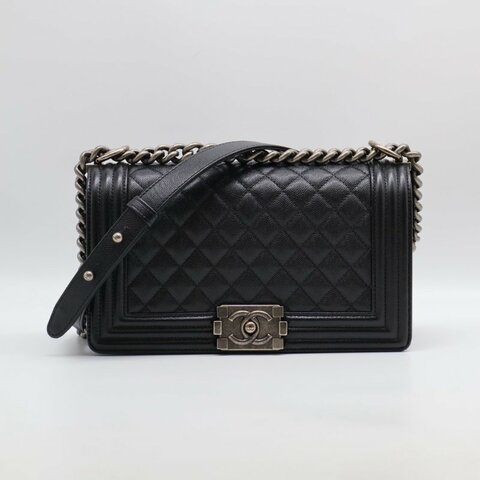 CHANEL Boy25 粒面牛皮口蓋包 - 黑銀26開