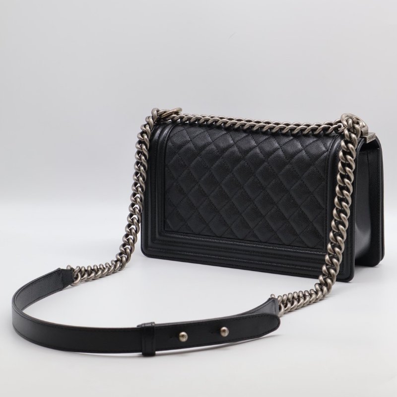 CHANEL Boy25 粒面牛皮口蓋包 - 黑銀26開-2