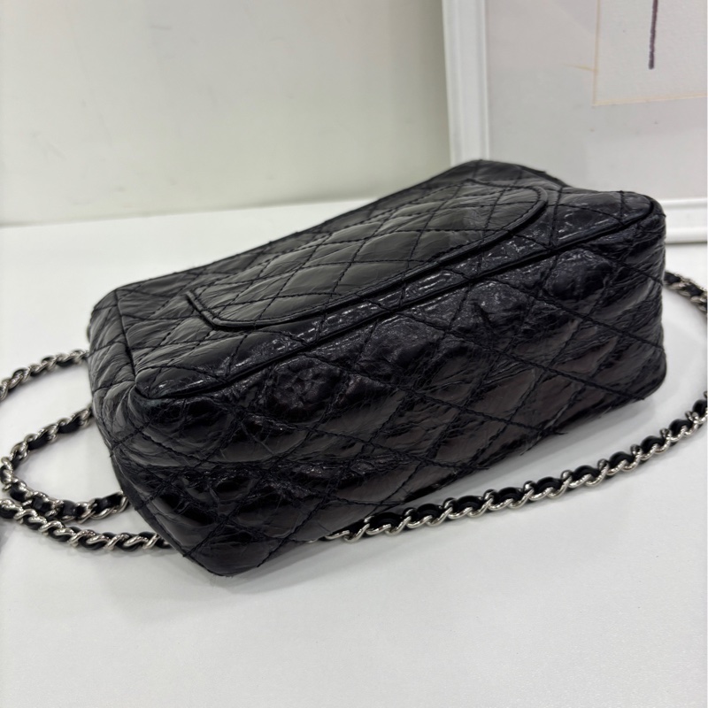 Chanel油蠟牛皮拼軟呢翻蓋鏈條包，18*14*7.5cm，13開-3