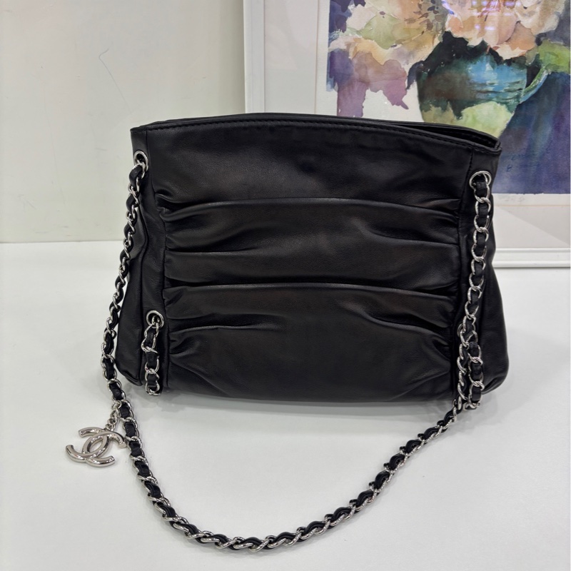 Chanel黑銀滾邊2way羊皮機場包 原始好成色，98-99新，13開有卡-2