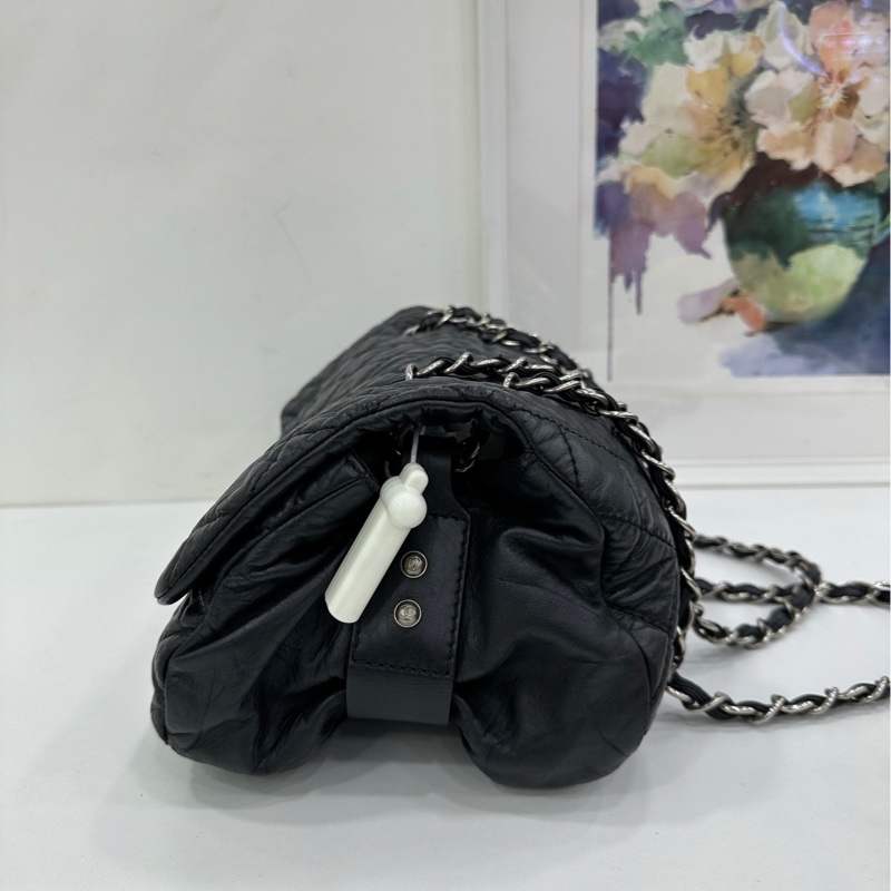 Chanel黑銀褶皺雙子星斜挎款雲朵機場cf包 13開,29*19*16cm-3