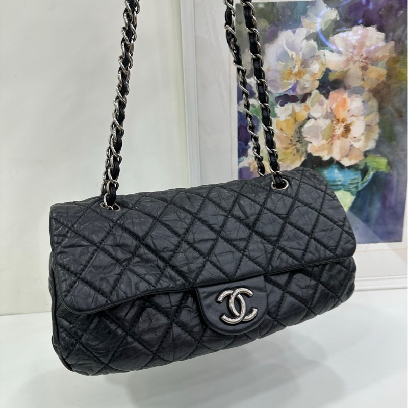 Chanel黑銀褶皺雙子星斜挎款雲朵機場cf包 13開,29*19*16cm-5