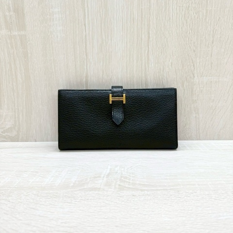 HERMES 89Noir黑色山羊皮Bearn金釦H長夾