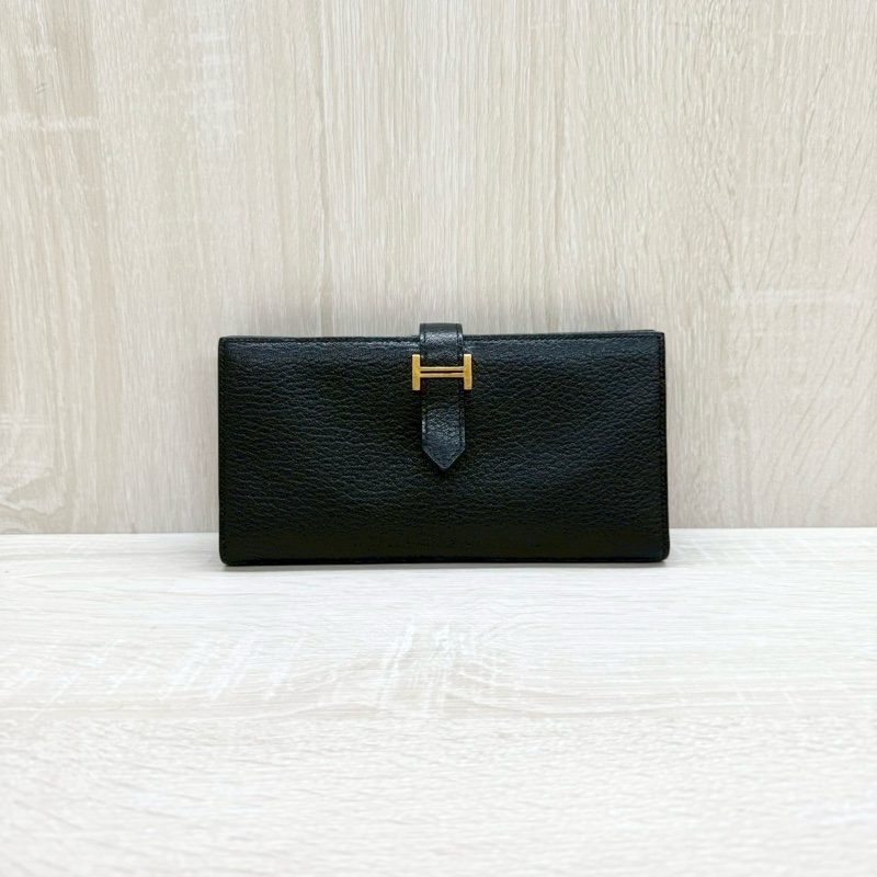 HERMES 89Noir黑色山羊皮Bearn金釦H長夾-0