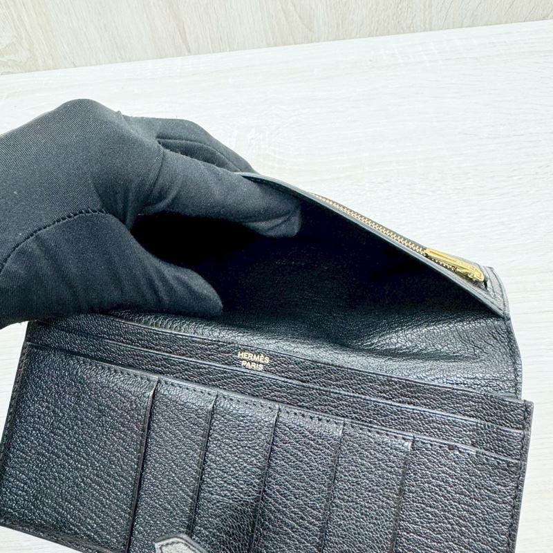 HERMES 89Noir黑色山羊皮Bearn金釦H長夾-6