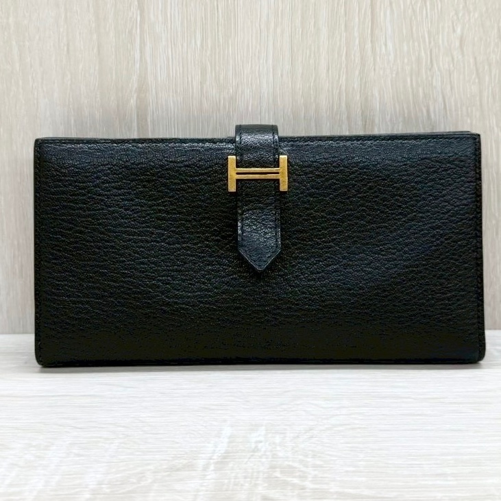 HERMES 89Noir黑色山羊皮Bearn金釦H長夾-8