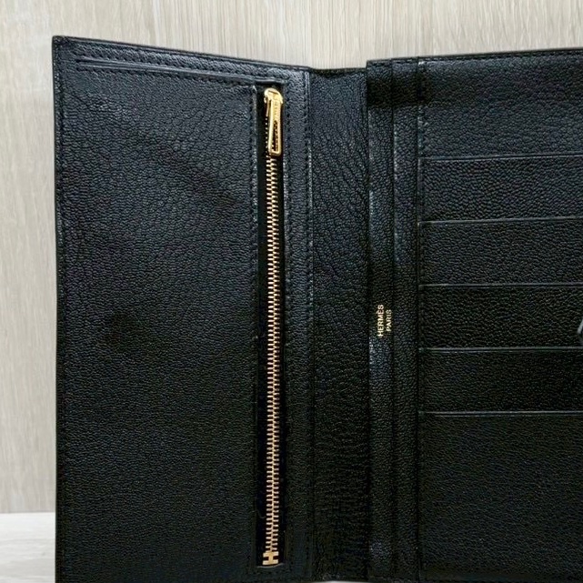 HERMES 89Noir黑色山羊皮Bearn金釦H長夾-10