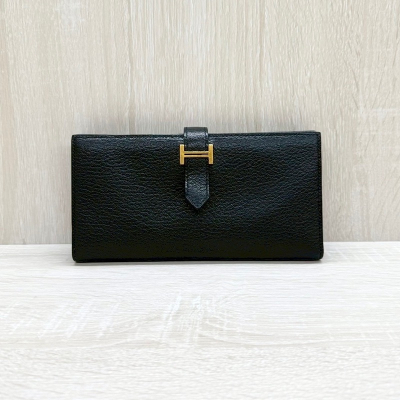 HERMES 89Noir黑色山羊皮Bearn金釦H長夾-1