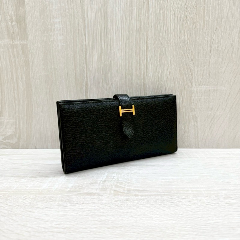 HERMES 89Noir黑色山羊皮Bearn金釦H長夾-5
