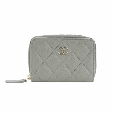Chanel 雙C銀logo粒紋牛皮拉鍊卡夾/零錢包(AP0216-灰)