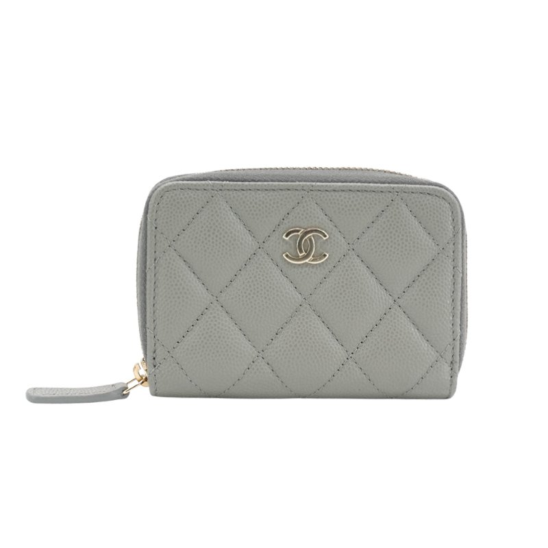 Chanel 雙C銀logo粒紋牛皮拉鍊卡夾/零錢包(AP0216-灰)-0