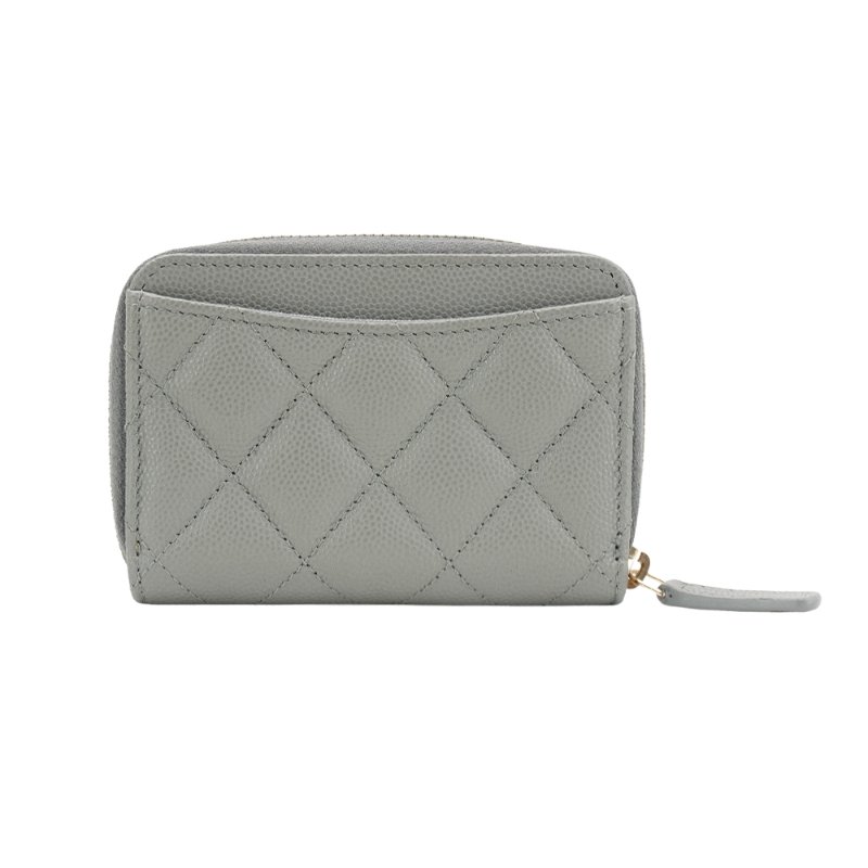 Chanel 雙C銀logo粒紋牛皮拉鍊卡夾/零錢包(AP0216-灰)-2