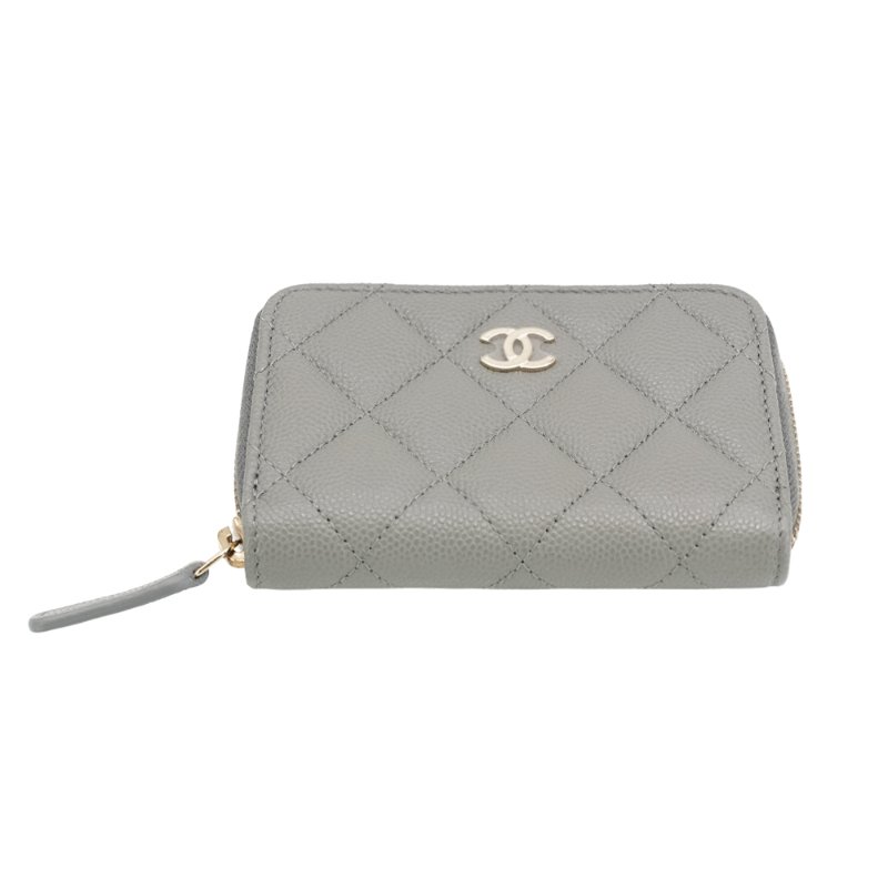 Chanel 雙C銀logo粒紋牛皮拉鍊卡夾/零錢包(AP0216-灰)-3