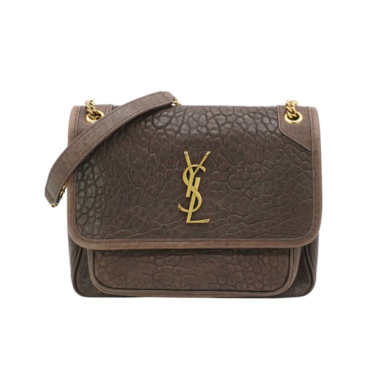 YSL 展示品 Niki Baby 壓紋小羊皮仿舊金鍊二用包-小(633179-咖)-0