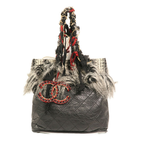 CHANEL 牛皮皮革/棉質Chain Shoulder銀扣肩背袋