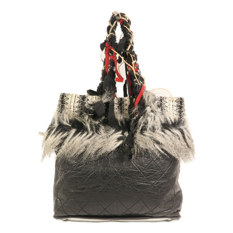 CHANEL 牛皮皮革/棉質Chain Shoulder銀扣肩背袋-1