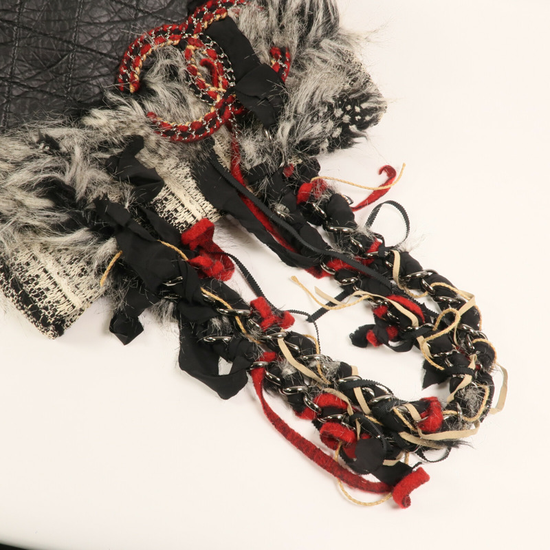 CHANEL 牛皮皮革/棉質Chain Shoulder銀扣肩背袋-3