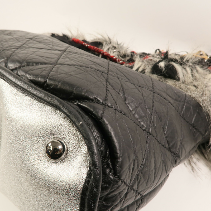 CHANEL 牛皮皮革/棉質Chain Shoulder銀扣肩背袋-6