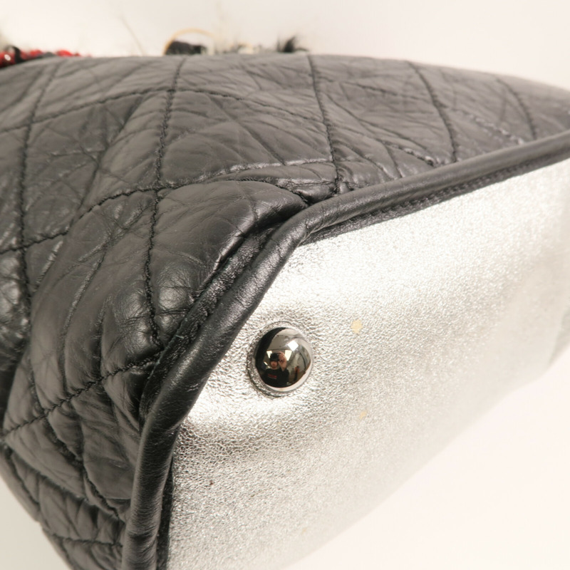 CHANEL 牛皮皮革/棉質Chain Shoulder銀扣肩背袋-7