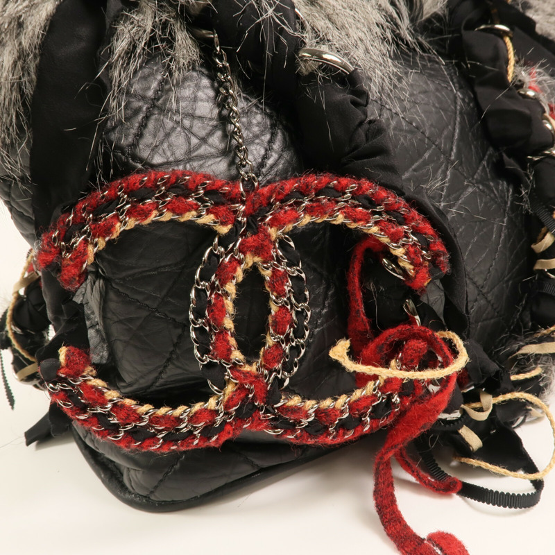 CHANEL 牛皮皮革/棉質Chain Shoulder銀扣肩背袋-10