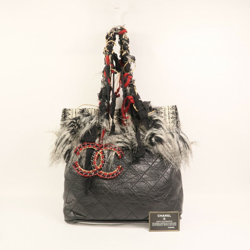 CHANEL 牛皮皮革/棉質Chain Shoulder銀扣肩背袋-15