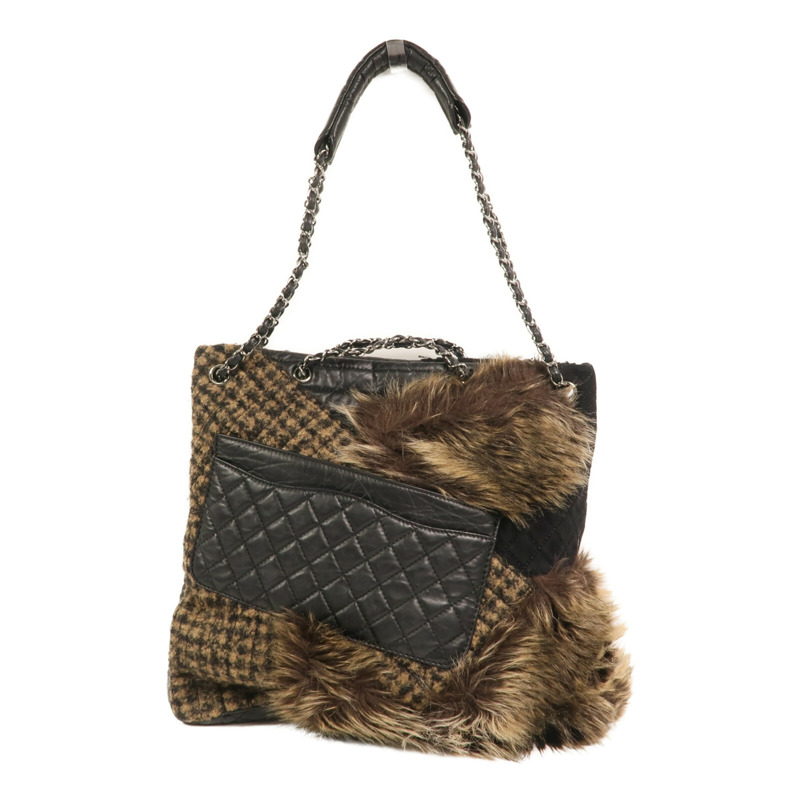 CHANEL Fur/牛皮皮革/棉質Shoulder Bag銀扣鏈帶手挽肩背兩用袋-1
