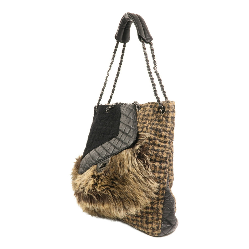 CHANEL Fur/牛皮皮革/棉質Shoulder Bag銀扣鏈帶手挽肩背兩用袋-2