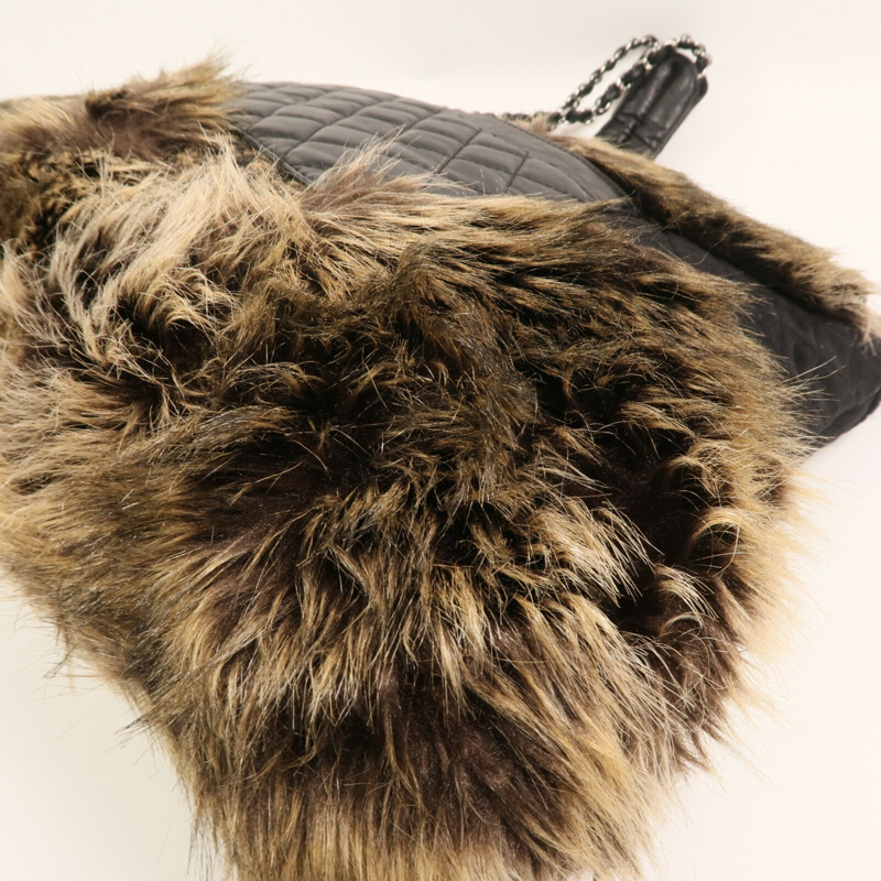 CHANEL Fur/牛皮皮革/棉質Shoulder Bag銀扣鏈帶手挽肩背兩用袋-7