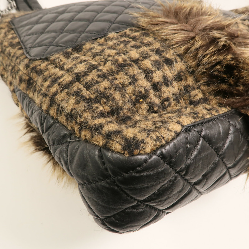 CHANEL Fur/牛皮皮革/棉質Shoulder Bag銀扣鏈帶手挽肩背兩用袋-8