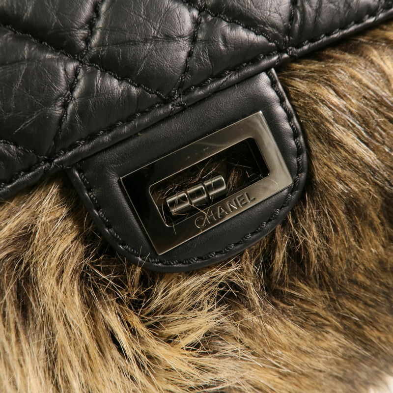 CHANEL Fur/牛皮皮革/棉質Shoulder Bag銀扣鏈帶手挽肩背兩用袋-9