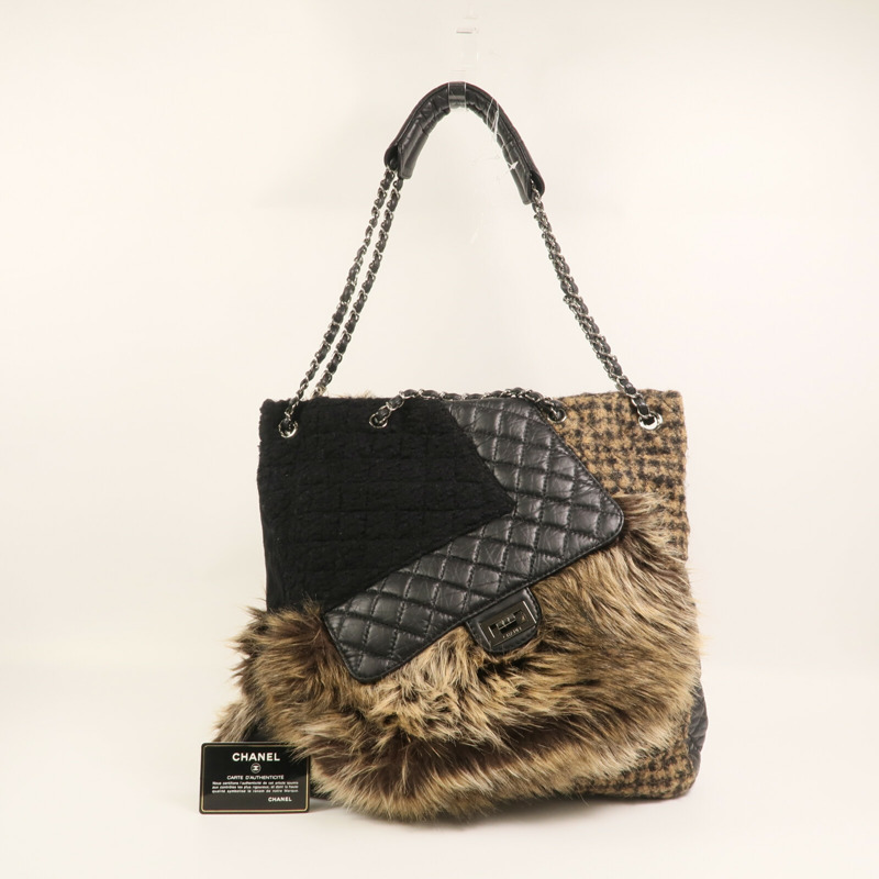 CHANEL Fur/牛皮皮革/棉質Shoulder Bag銀扣鏈帶手挽肩背兩用袋-15