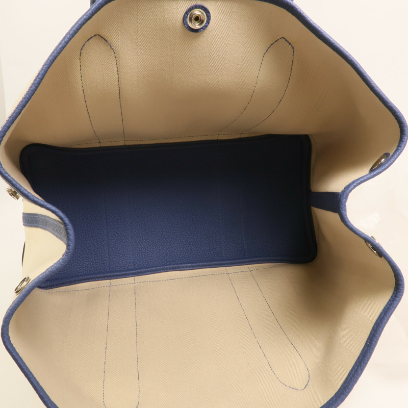 HERMES 帆布Garden Party PM銀扣手挽袋Bleu Brighton-10