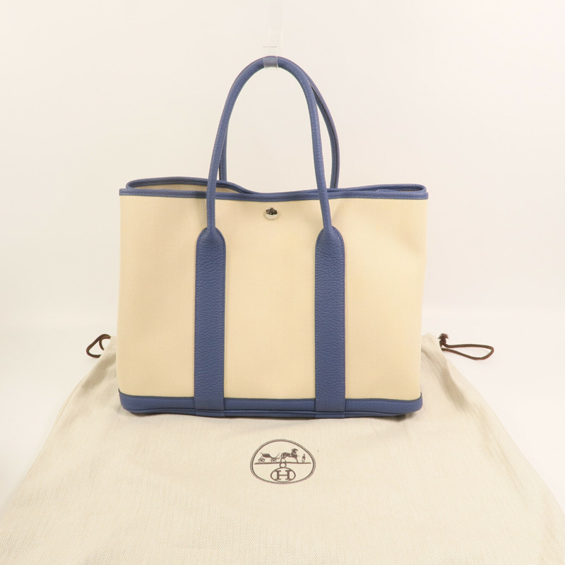 HERMES 帆布Garden Party PM銀扣手挽袋Bleu Brighton-13