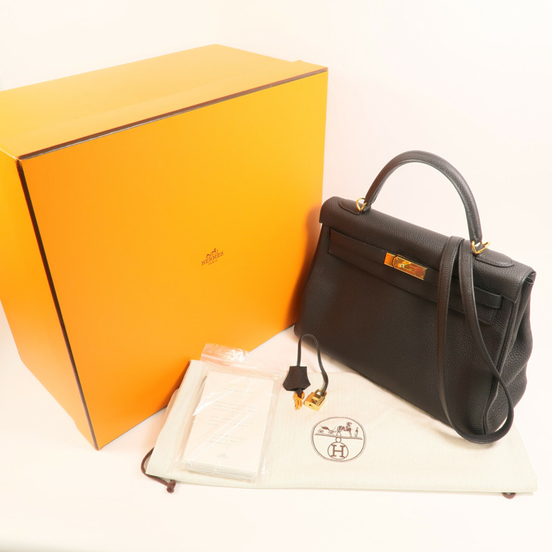 HERMES Clemence皮革Kelly 32金扣手挽肩背兩用袋Noir-17