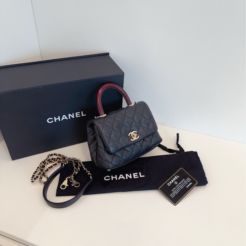 【99新大全套🆕】Chanel CocoHandle mini憨豆郵差包 黑金荔枝皮蜥蜴手柄 手提包 斜挎包 單肩包-1