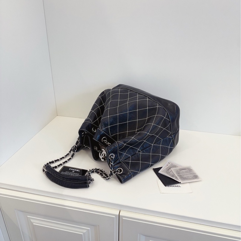 【98新🆕】Chanel黑銀外縫線菱格鏈條水桶包 單肩包-5