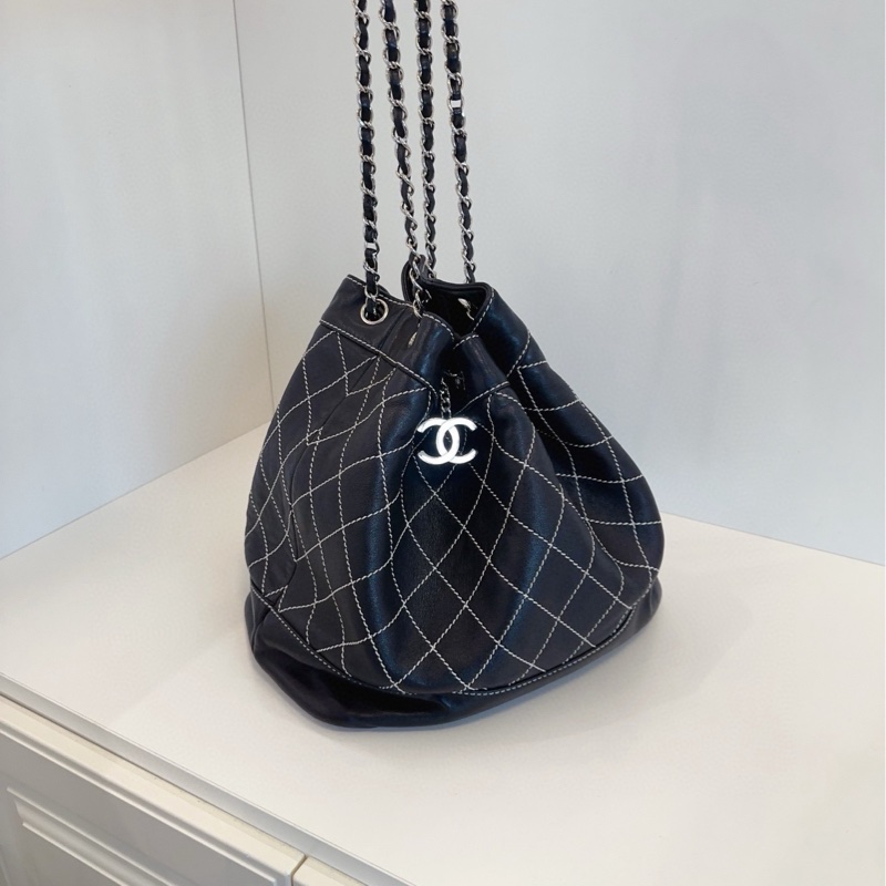 【98新🆕】Chanel黑銀外縫線菱格鏈條水桶包 單肩包-6
