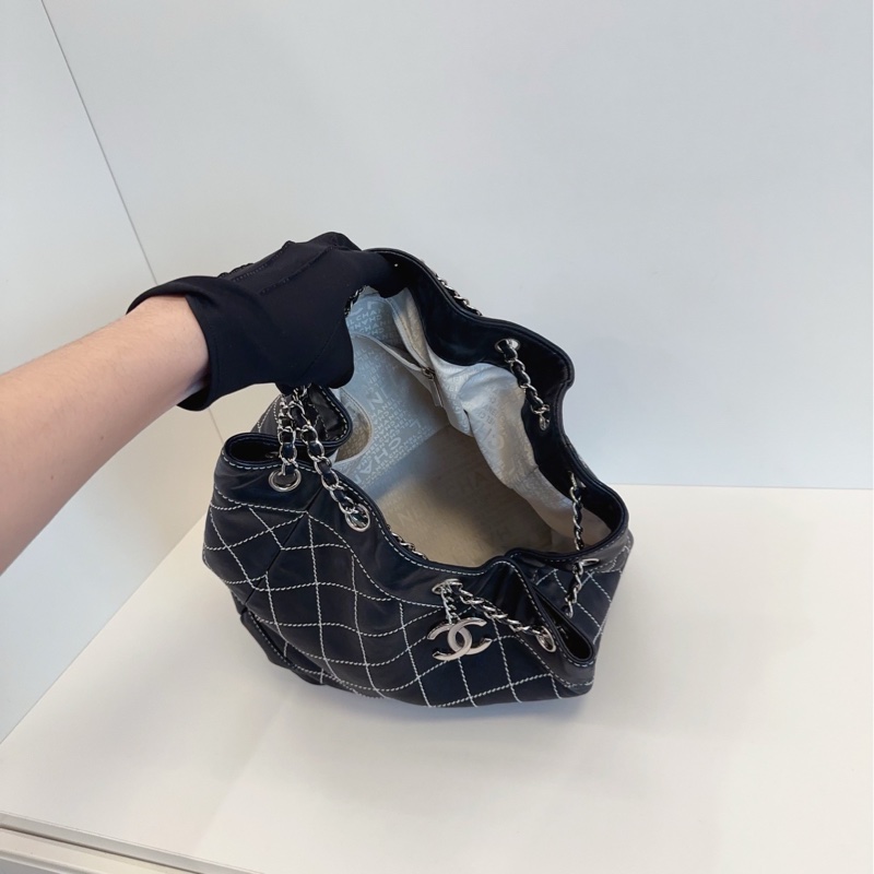 【98新🆕】Chanel黑銀外縫線菱格鏈條水桶包 單肩包-7