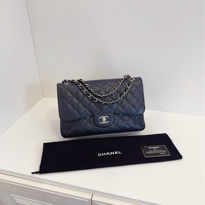 【98新🆕】Chanel 黑銀荔枝皮雙蓋CF Jumbo 最強王者魚子醬珍寶 單肩包-0